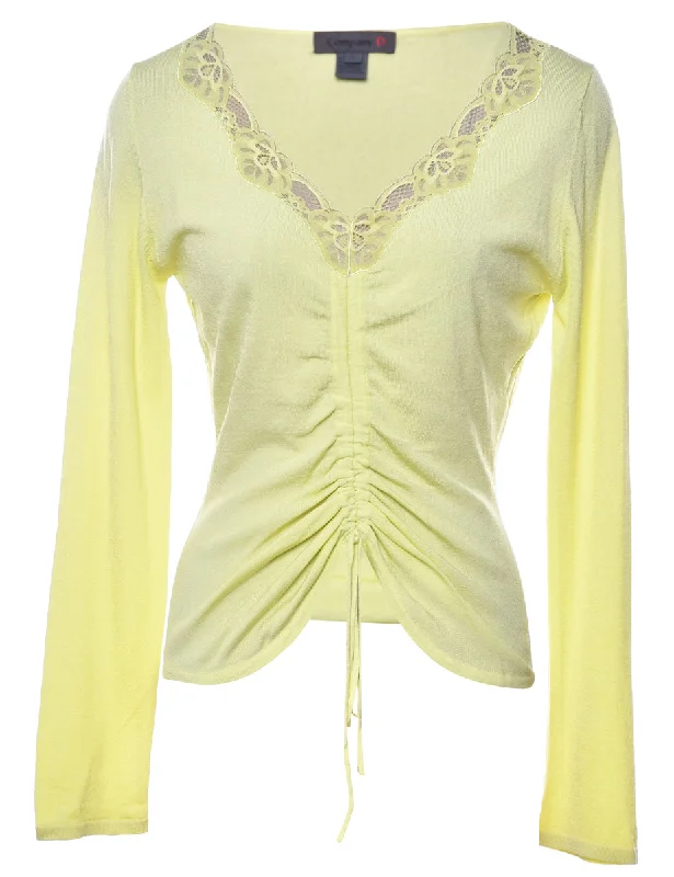 Lace Trim Yellow Jumper - L Satin Blend Silk Blend Wool Blend