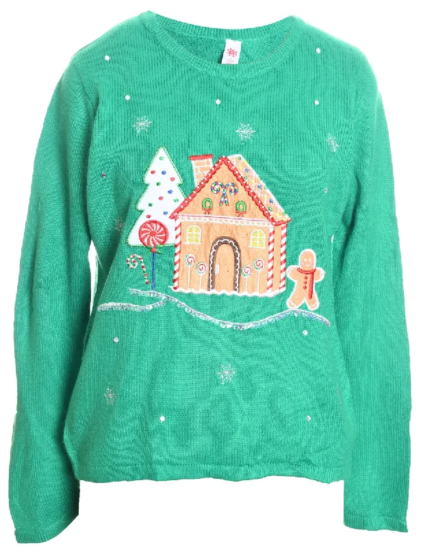 Light Green Knit Gingerbread Design Christmas Jumper - M Wool Fabric Cashmere Fabric Tweed Fabric