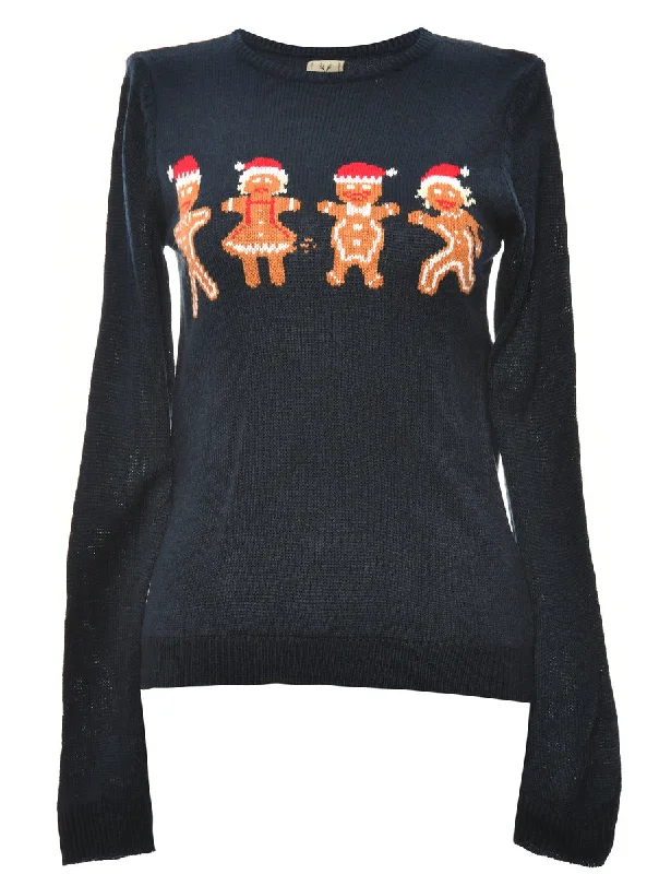 Navy Gingerbread Christmas Jumper - M Elasticated Padded Insulated