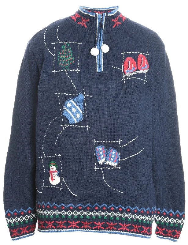 Navy, Red & White Embroidered Christmas Jumper  - M Chenille Brocade Lace