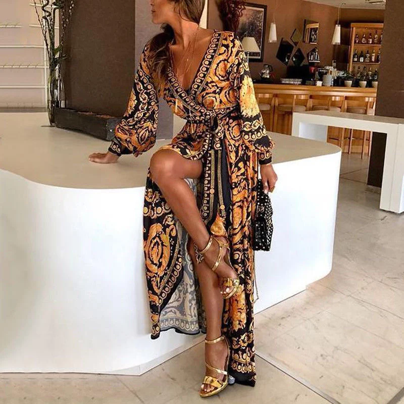 New Style Fashion Women Sexy Boat Neck Glitter Deep V Neck Print dress