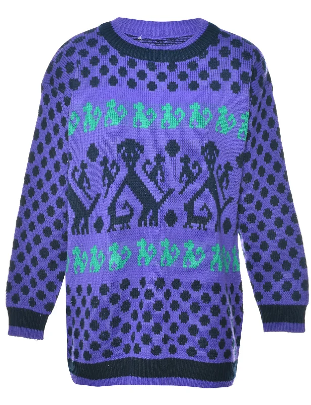 Patterned Purple Jumper - L Zippered Front Buttoned Front Snap Front