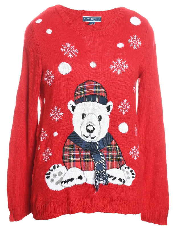 Polar Bear Design Red Appliqued Christmas Jumper - M Oversized Loose Flowy