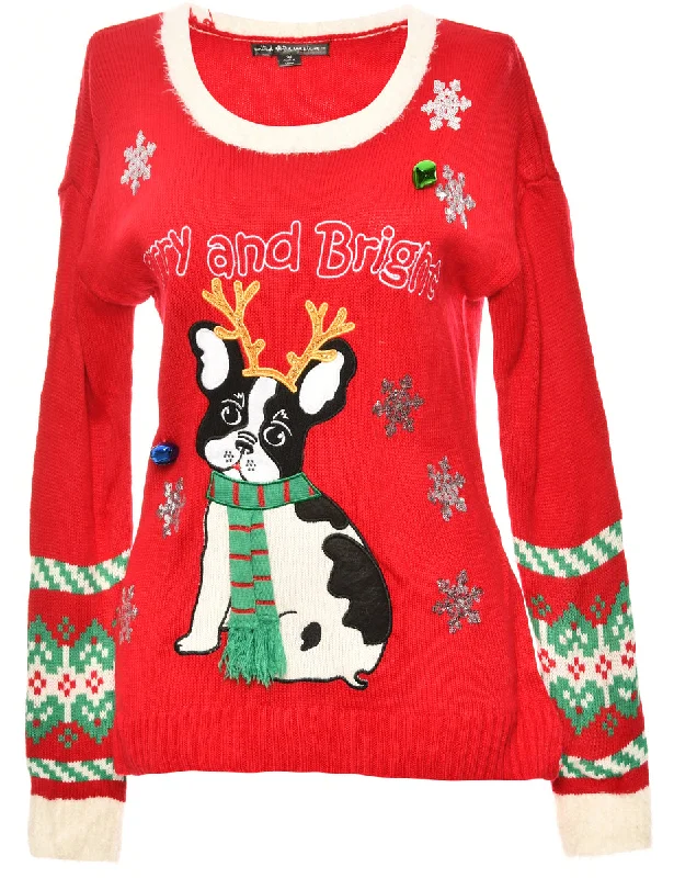 Pug Design Christmas Jumper - M Boxy Sweater Fitted Sweater A-Line