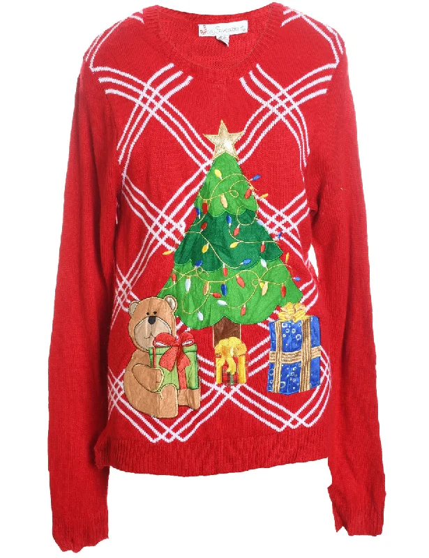 Red Embroidered & Applique Design Christmas Jumper - M Mesh Sweater Canvas Denim