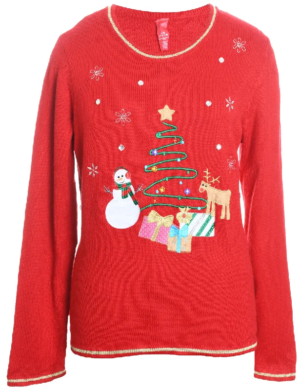 Red Embroidered Christmas Tree Design Jumper - L Cable Knit Ribbed Knit Lace Knit