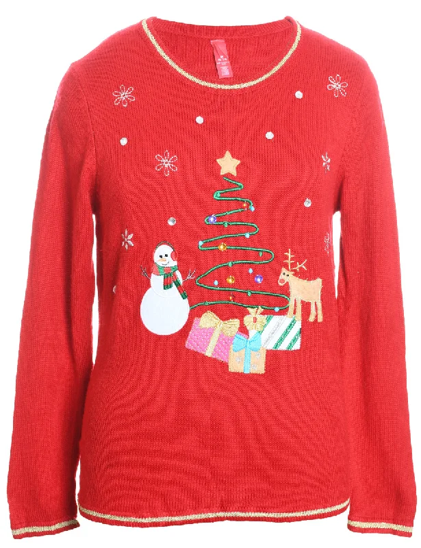 Red Embroidered Knit Christmas Jumper - M Real Fur Shearling Chenille