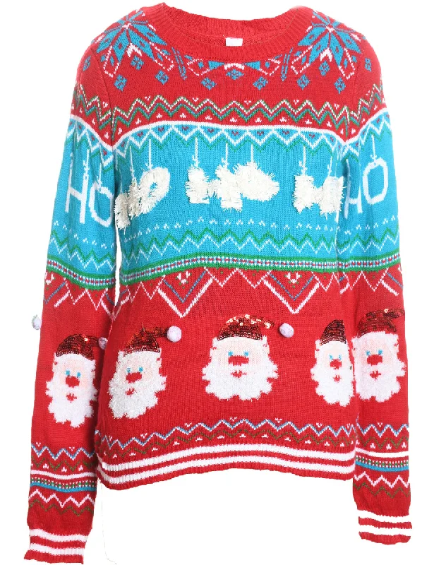 Red & Light Blue Patterned Christmas Jumper - L Solid Print Embellished