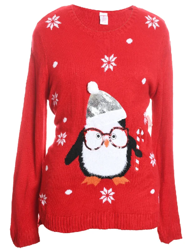 Red Penguin Design Knit Christmas Jumper - L Spandex Blend Rayon Blend Denim Blend