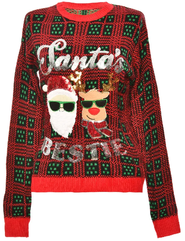 Red Santa & Rudolph Christmas Jumper - L Velvet Chenille Corduroy