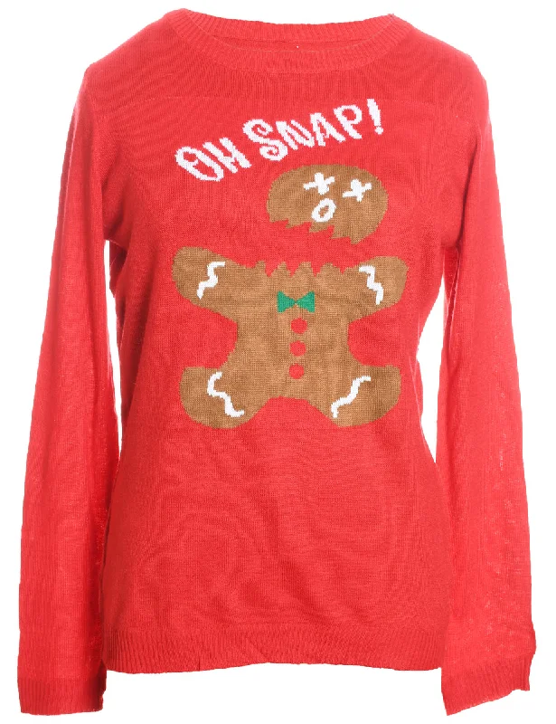 Red & White Knit Gingerbread Design Christmas Jumper - M Front Pockets Side Pockets Patch Pockets