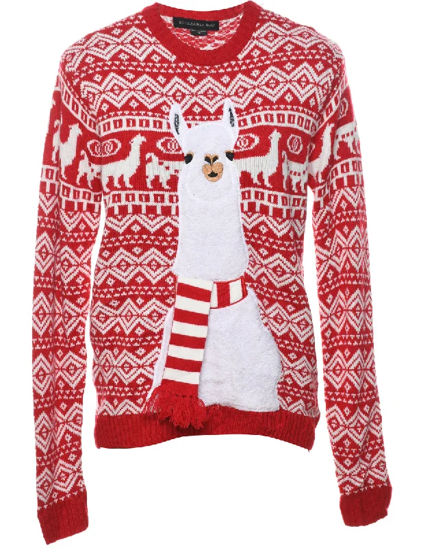 Red & White Llama Design Christmas Jumper - S Ribbed Striped Patterned