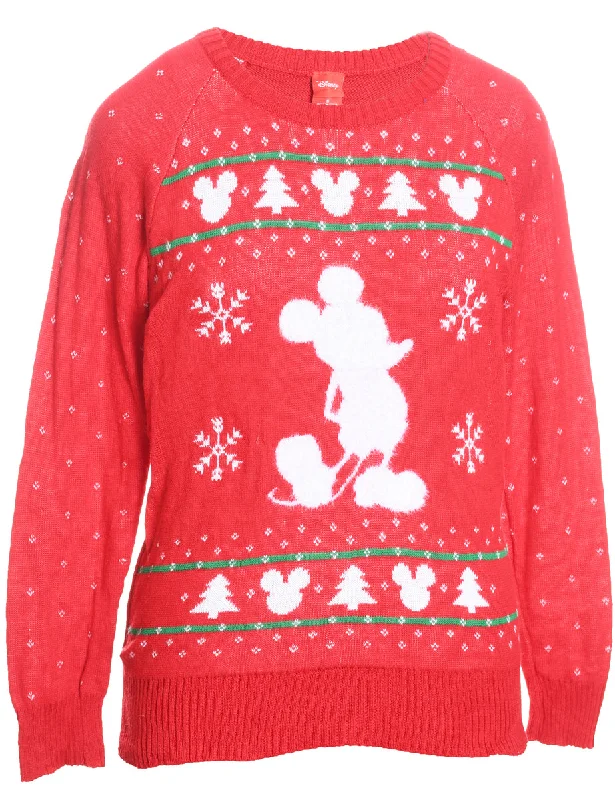 Red & White Mickey Mouse Design Knit Jumper  - S Sequined Glittery Shiny