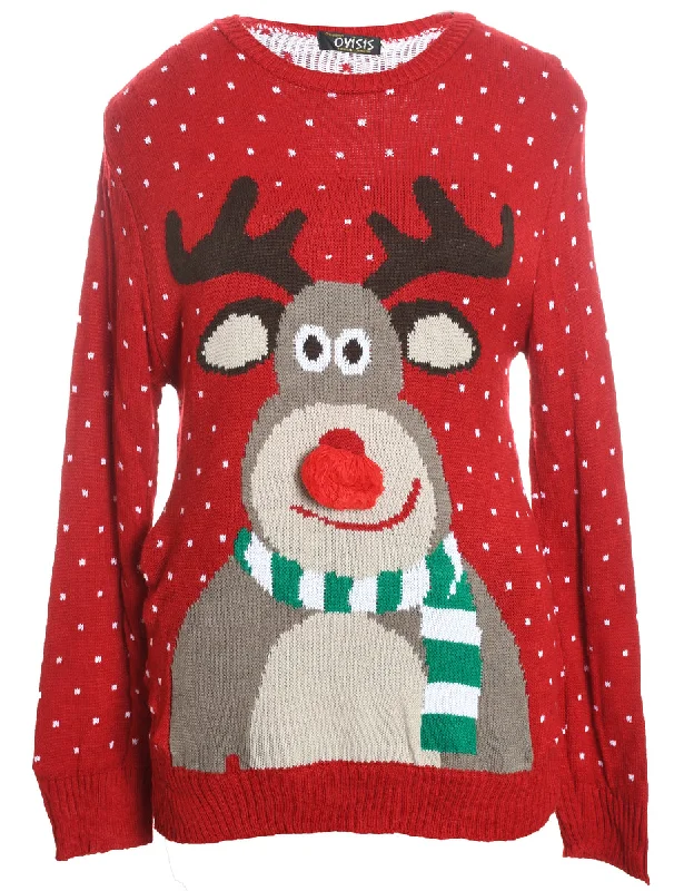 Reindeer Christmas Jumper - L Fleece Sweater Nylon Polyester