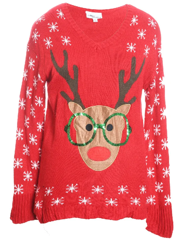 Reindeer Christmas Jumper - L Graphic Sweater Embroidered Appliqued