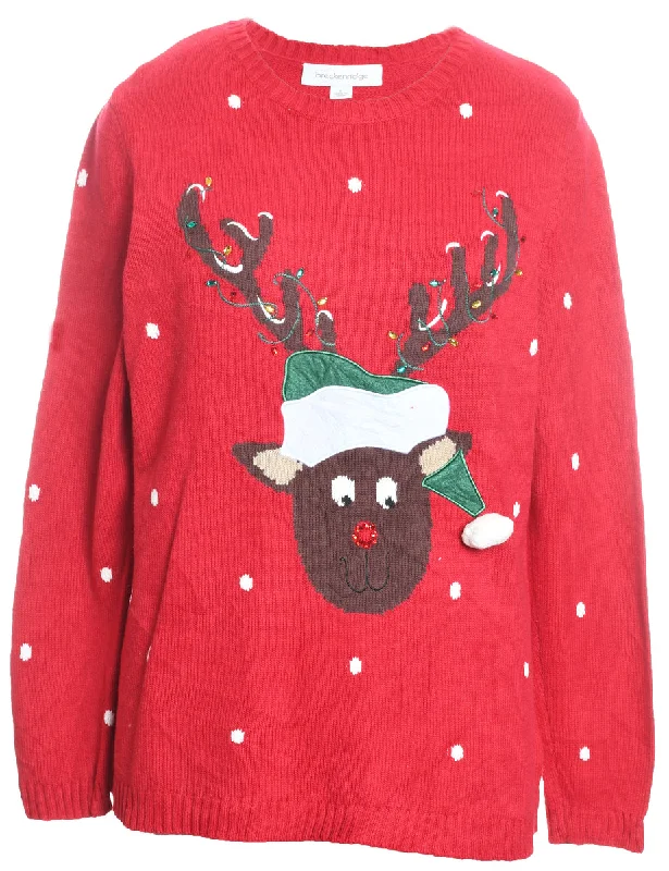 Reindeer Christmas Jumper - L Graphic Sweater Embroidered Appliqued