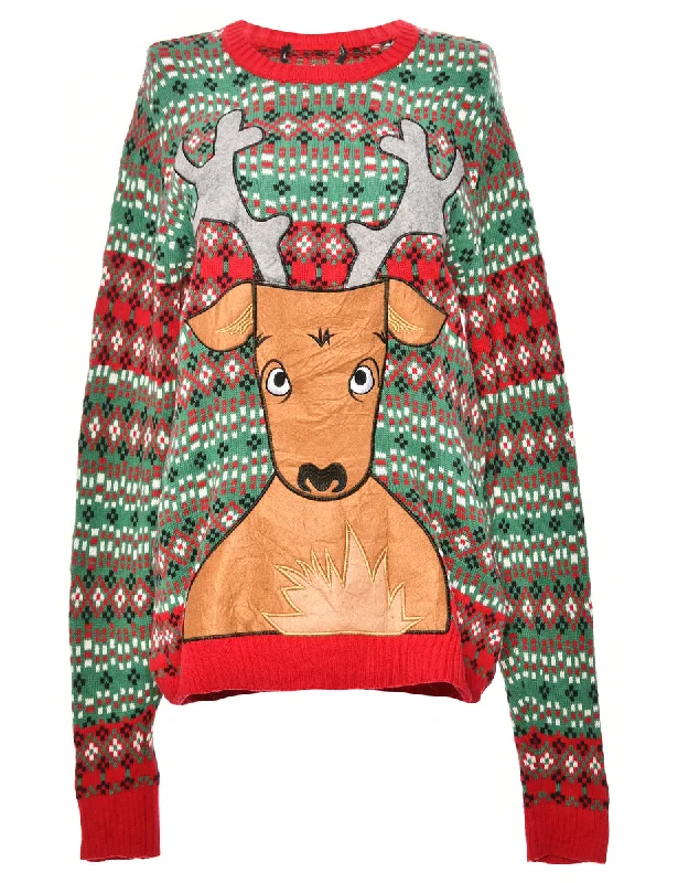 Reindeer Design Christmas Jumper - L Print Jacquard Patchwork