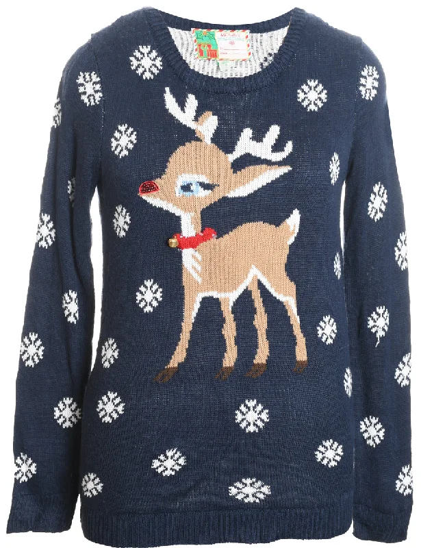 Reindeer Design Navy & White Knit Christmas Jumper - S Tailored Straight A-Line