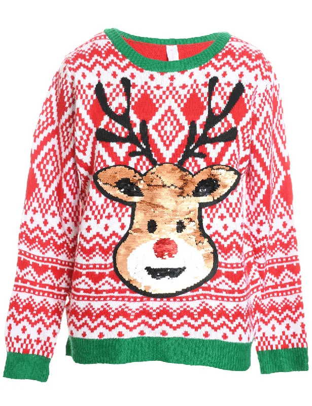 Reindeer Design Red & Green Knit Christmas Jumper - XL Nylon Fabric Polyester Fabric Spandex Fabric