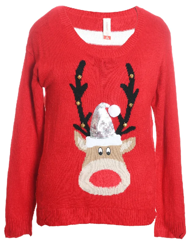 Reindeer Design Red Knit Christmas Jumper - M Silk Blend Satin Velvet