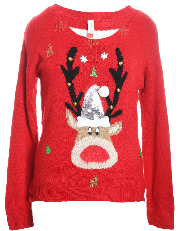 Reindeer Design Red & White Knit Christmas Jumper - L Houndstooth Herringbone Solid