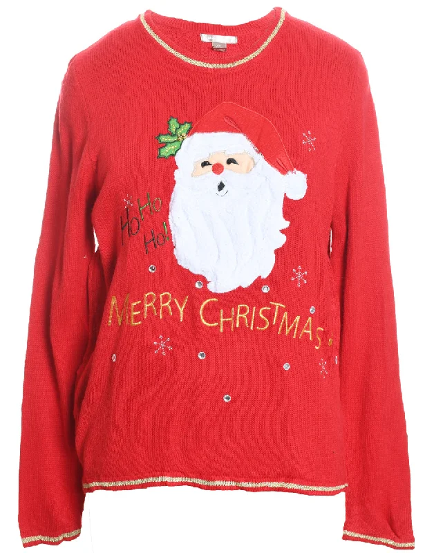 Santa Claus Christmas Jumper - L Plaid Sweater Polka Dot Checkered