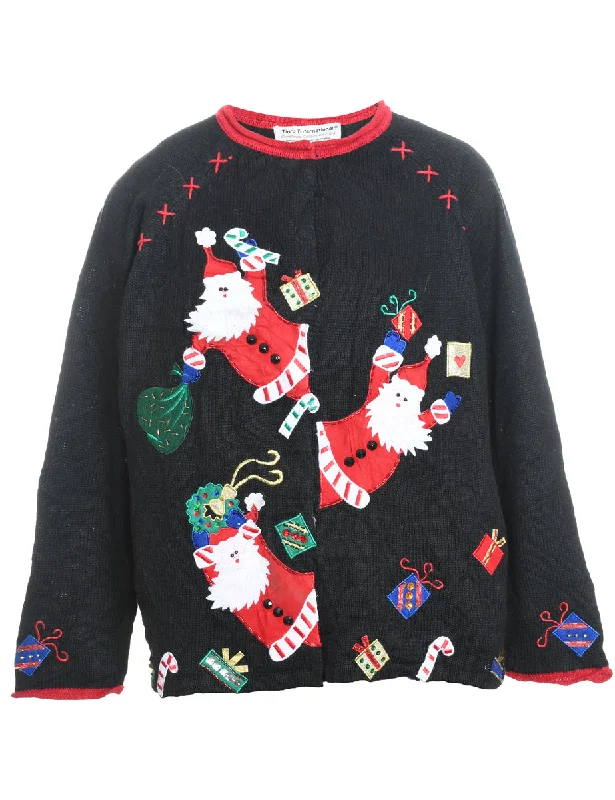 Santa Claus Design Black Appliqued Christmas Jumper - M Jersey Fabric Tulle Fabric Batik Fabric