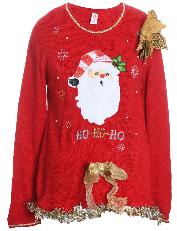 Santa Claus Design Embroidered Knit Christmas Jumper - L Iron Safe Non-Iron Wrinkle Free