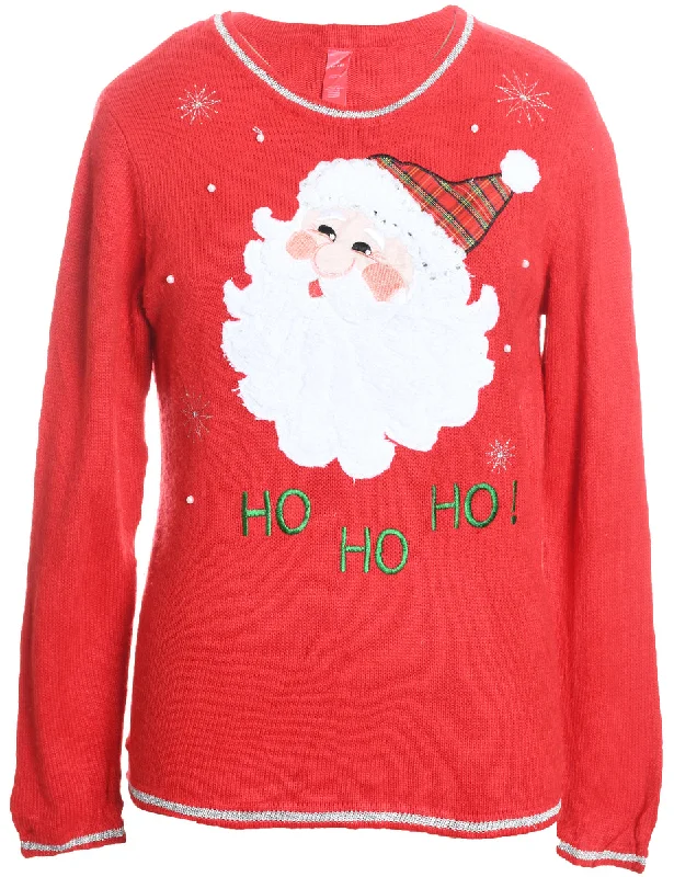 Santa Claus Design Embroidered Red Christmas Jumper - M Hooded Sweater Collared Sweater Shawl Collar