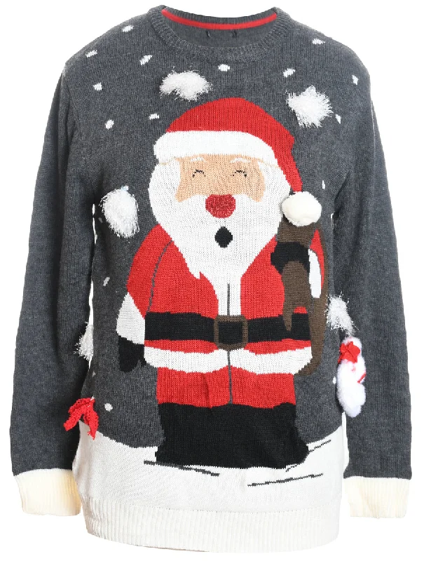 Santa Claus Design Grey Christmas Jumper - M Boxy Sweater Fitted Sweater A-Line