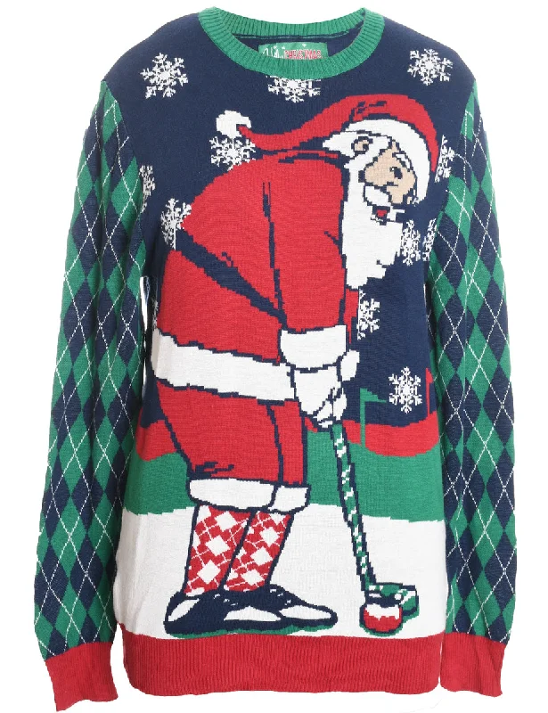 Santa Claus Design Navy & Green Argyle Knit Christmas Jumper - S Mesh Fabric Canvas Fabric Denim Fabric