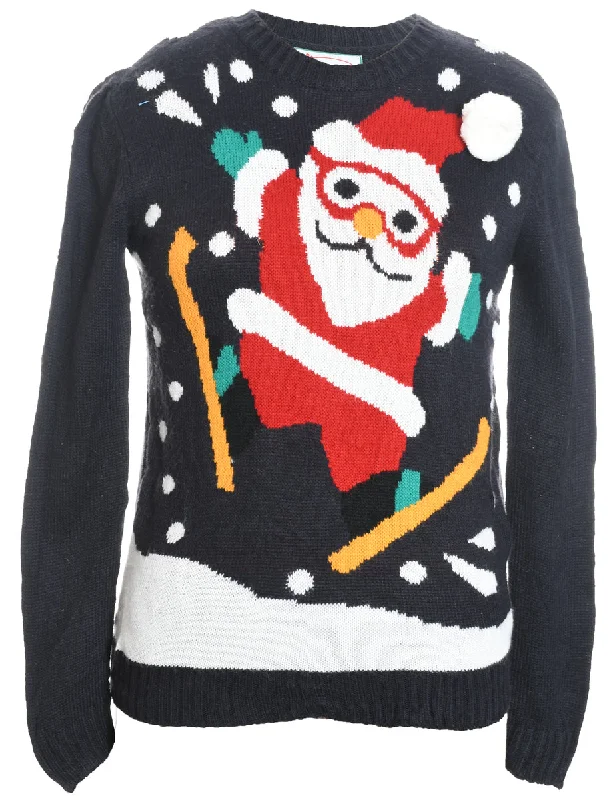 Santa Claus Design Navy Knit Christmas Jumper - M Stretchy Elastic Breathable