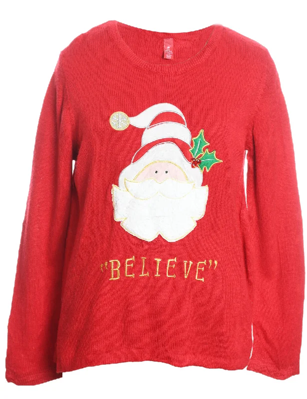 Santa Claus Design Red Embroidered Christmas Jumper - L Bright Pastel Dark