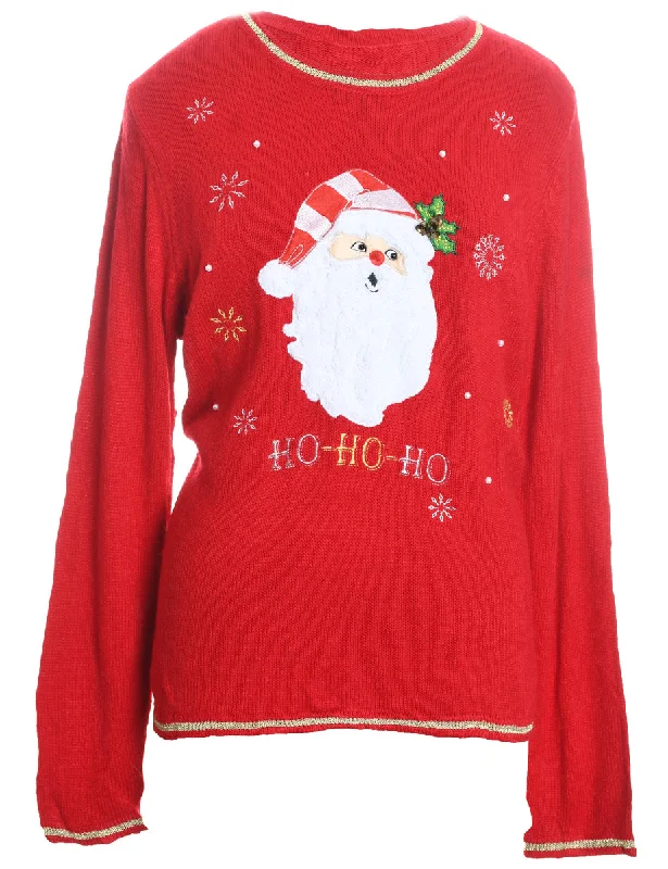 Santa Claus Design Red Embroidered Christmas Jumper - L Lace Blend Ribbed Blend Corduroy Blend