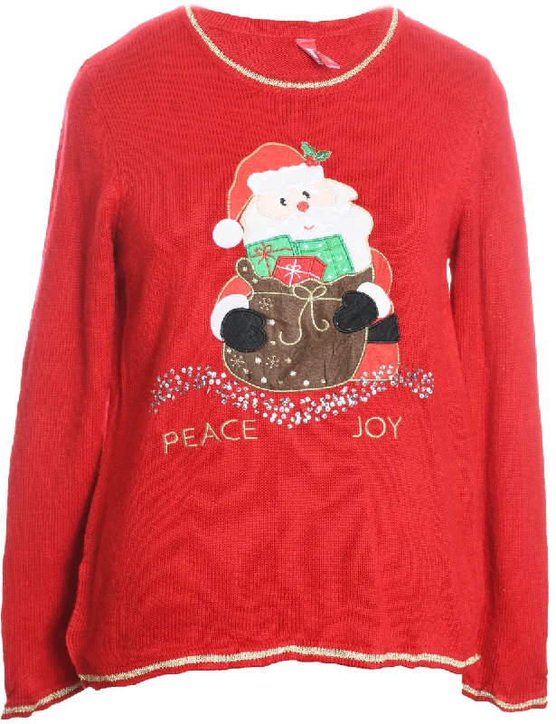 Santa Claus Design Red Embroidered Knit Christmas Jumper - M Velvet Chenille Corduroy