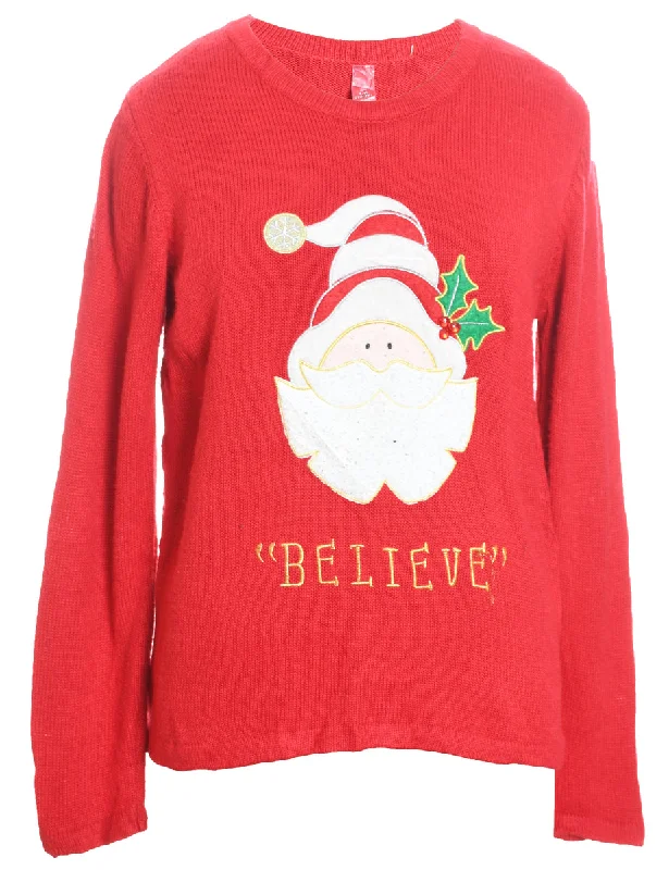 Santa Claus Red Knit Christmas Jumper - L Graphic Sweater Embroidered Appliqued