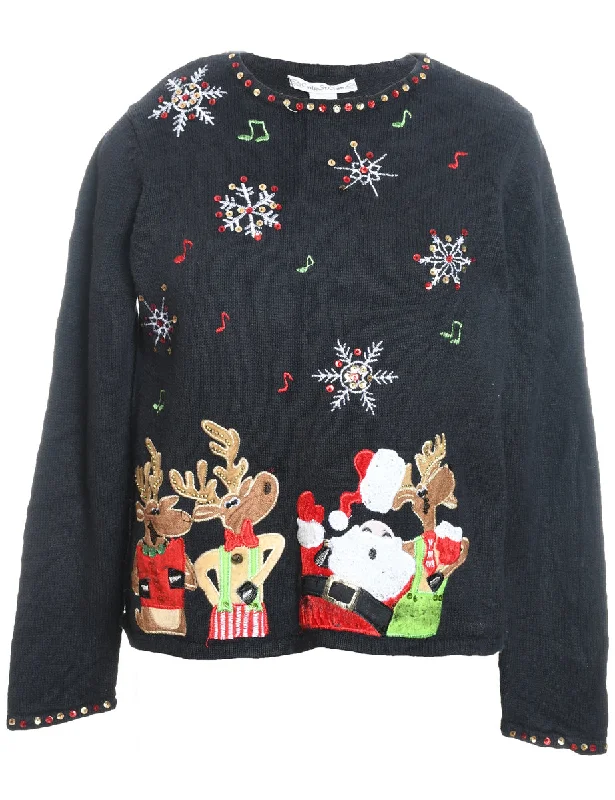 Santa Claus & Reindeer Christmas Jumper - L Striped Floral Plaid