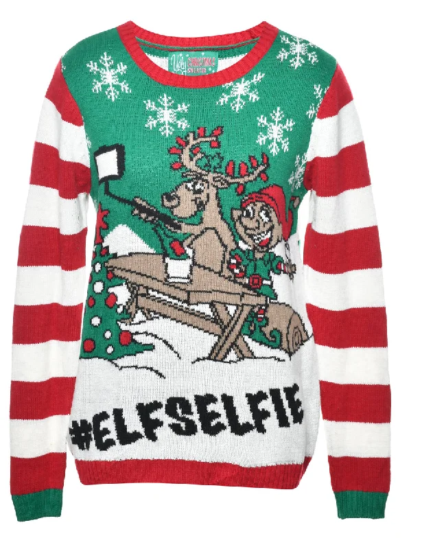 Santa Claus & Reindeer Christmas Jumper - M Long Sweater Short Sweater Cropped Sweater