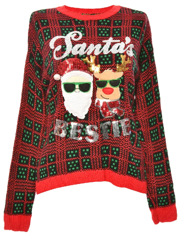 Santa Claus & Reindeer Christmas Jumper - M Embroidered Appliqued Beaded