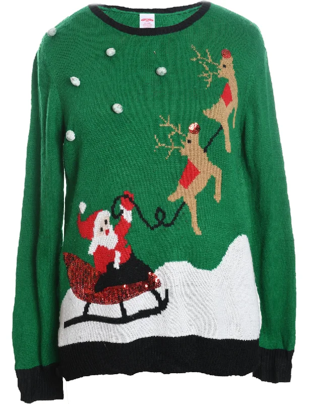 Santa Claus & Reindeer Christmas Jumper - XL Fitted Slim Tailored