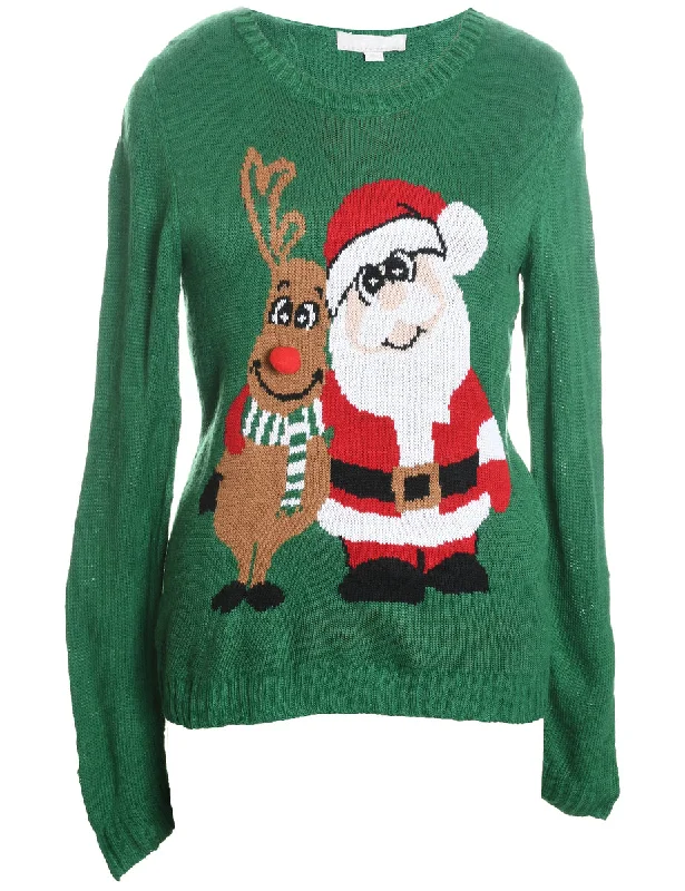 Santa Claus & Reindeer Green Knit Christmas Jumper - L Bright Pastel Dark