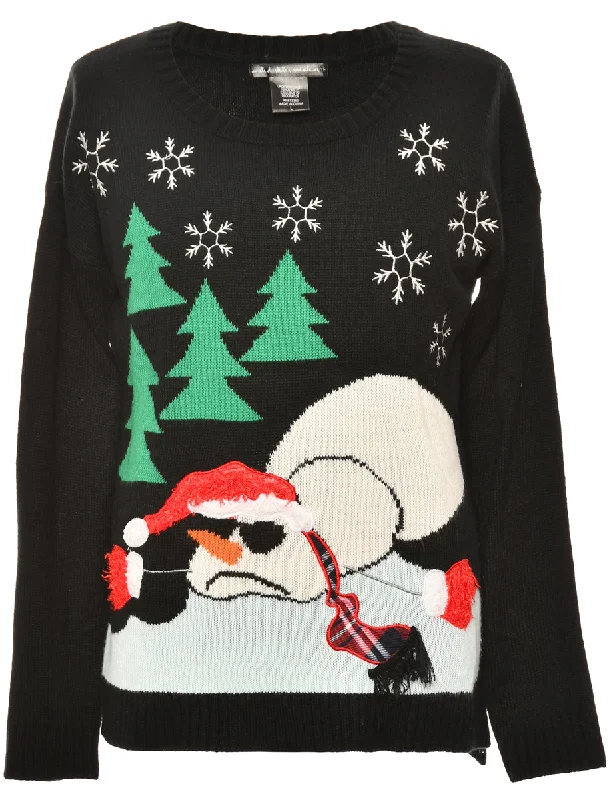 Snowman Black Classic Christmas Jumper - L Wool Sweater Cotton Sweater Cashmere Sweater