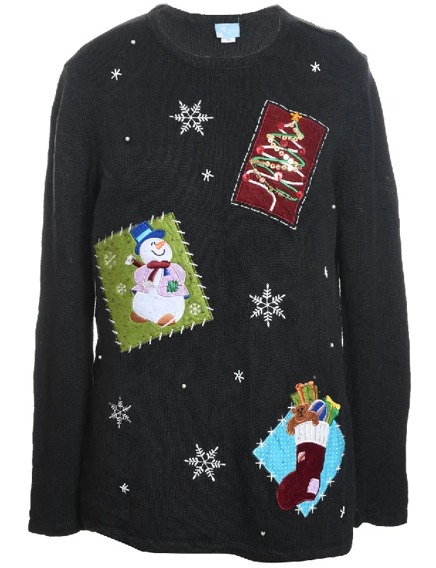 Snowman Black Embroiderd Christmas Jumper - M Spandex Rayon Corduroy