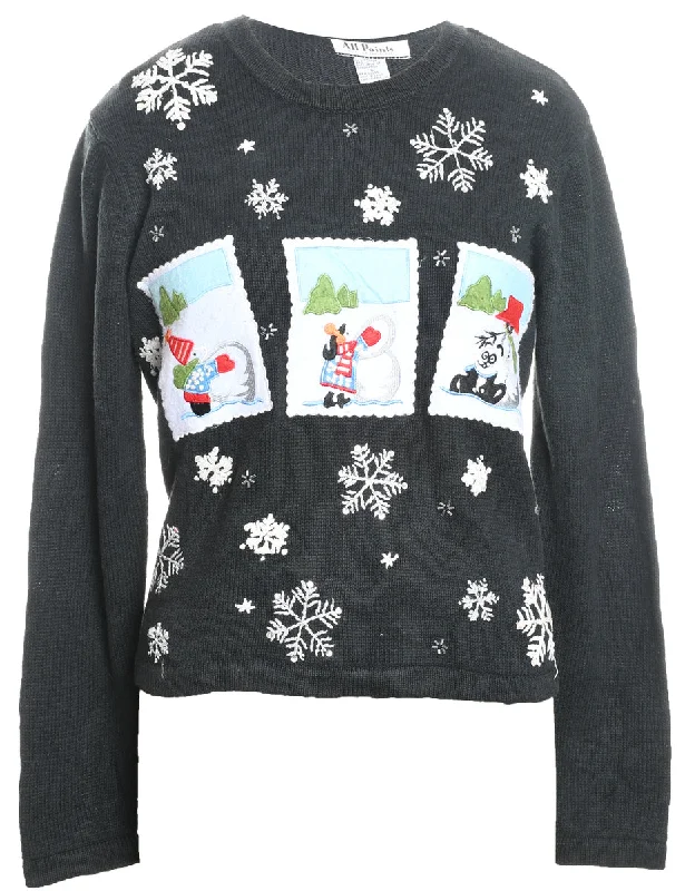 Snowman Design Black Embroidered Christmas Jumper - L Rayon Fabric Velvet Fabric Corduroy Fabric