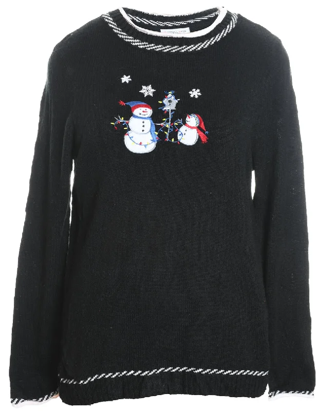 Snowman Design Black Embroidered Knit Christmas Jumper - M Modern Contemporary Chic