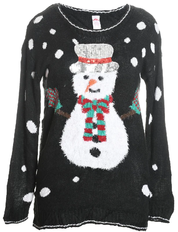 Snowman Design Black Fluffy Knit Christmas Jumper - M Modern Contemporary Chic