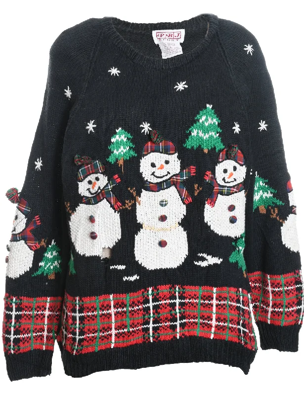 Snowman Design Black Knit Christmas Jumper - L Beaded Sweater Sequined Faux Fur