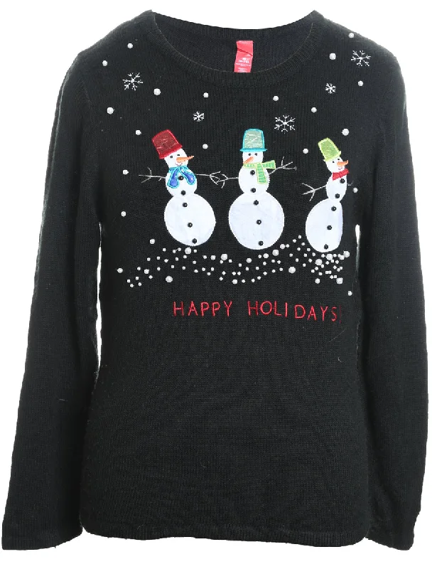 Snowman Design Black Knit Christmas Jumper - M Satin Fabric Silk Fabric Chiffon Fabric