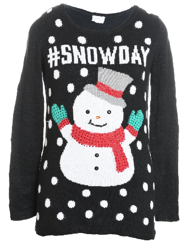 Snowman Design Black Knit Christmas Jumper - M Sweater Knitwear Pullover