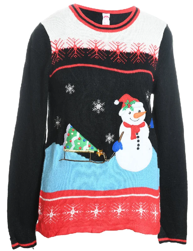 Snowman Design Black Knit Christmas Jumper - S Layered Multi-layer Single Layer